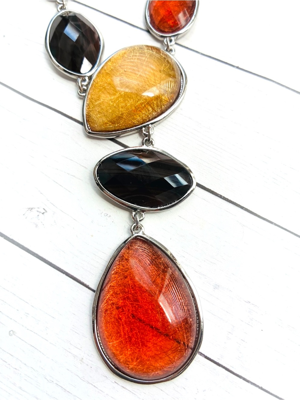 NEW NWOT Chico's Silver-Tone Y Necklace with Amber Glass Teardrops Fall Colors - Picture 2 of 4